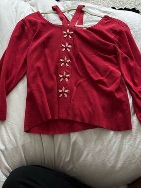 Bob Mackie Red Knit Floral-Cutout Back Top with floral stones
